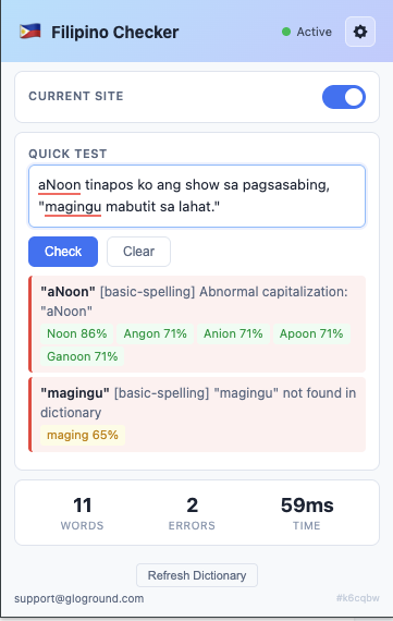 Filipino Checker popup Quick Test — shows word count, error count, and check time with correction suggestions